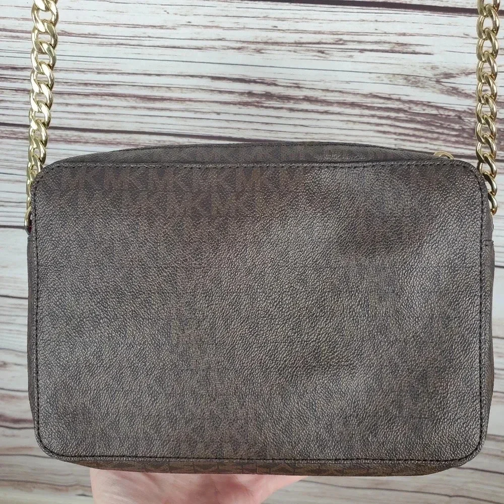 Michael Kors Jet Set East West Signature Brown/Red/Gold Perforated Crossbody Bag